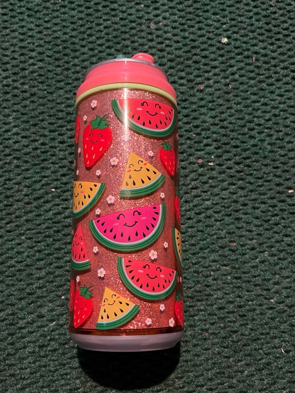 Pink Glitter Fruit-Print Insulated Water Bottle - Cute Travel Thermos